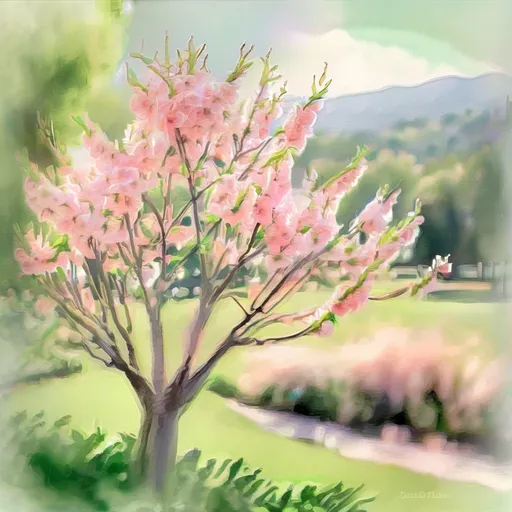 Prompt: (watercolor style) delicate peach tree blossoms, vibrant pink flowers, soft green leaves, gentle brush strokes, serene atmosphere, warm sunlight filtering through, tranquil garden setting, high detail, light and airy feel, harmonious colors, nature's beauty in full bloom, engaging and calming scene, dreamy essence.