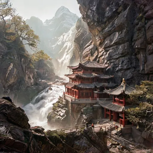 Prompt: A breathtaking photorealistic scene of a majestic Chinese temple precariously hanging from steep mountain cliffs, shrouded in swirling mists that add an air of mystery. The temple, adorned with intricate golden details and deep red accents, stands in stark contrast against the rugged gray stone of the cliffs. Soft rays of sunlight pierce through the thick fog, creating a serene glow that illuminates the wooden roof, delicately carved eaves, and ornate statues guarding the entrance. Wisps of mist curl around the temple, inviting intrigue as they soften the edges of the rugged landscape. Below, a cascade of waterfalls tumbles down the cliffs, their thunderous sound barely audible over the whisper of the wind, completing this enchanting vision of tranquility and ancient beauty.