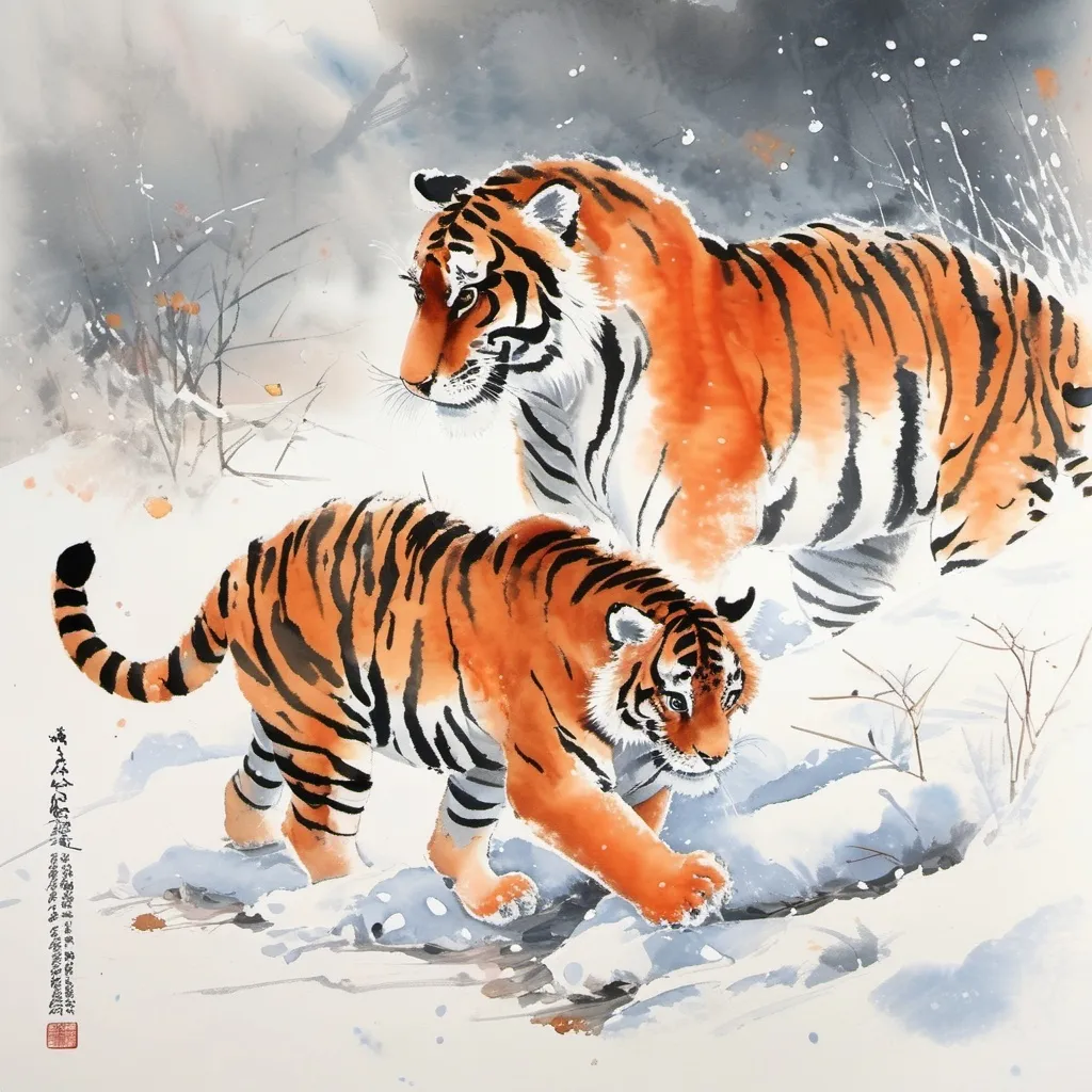 Prompt: A delicate watercolor painting captures a serene moment in the snowy Manchuria region of China, where a majestic Siberian tigress gracefully crouches in a blanket of soft, powdery snow. Her luminous fur, a rich blend of deep oranges and creamy whites, contrasts beautifully against the pristine white landscape. Surrounding her are three playful cubs, their tiny paws leaving gentle imprints in the snow as they frolic nearby. The air is crisp and still, with delicate snowflakes drifting lazily from a pale, overcast sky, creating a dreamy, ethereal atmosphere. The scene hints at the quiet strength of the tigress watching over her young, evoking a sense of warmth and protection in this winter wonderland.