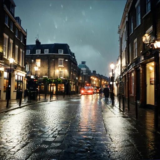 Prompt: (photorealistic), London’s cobblestone streets, gentle rain droplets shimmering, moody gray skies, nostalgic ambiance, reflections on wet pavement, warm glowing street lamps, hint of soft light illuminating through the clouds, ultra-detailed atmosphere, inviting yet melancholic, subtle warmth amid a cool tone, immersive cityscape, high-quality image, emotive scene that captures London’s charm.