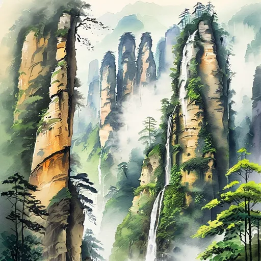 Prompt: watercolor style, (traditional Chinese painting), breathtaking Zhangjiajie National Forest Park, towering sandstone pillars, lush green foliage, misty atmosphere, serene waterfalls, vibrant colors, harmonious composition, tranquil ambiance, intricate detailing of nature, natural beauty, high-quality watercolor art.