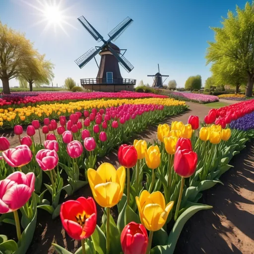 Prompt: (photorealistic), breathtaking flower garden, vibrant tulips in vivid colors, sun-drenched landscape, lush greenery, majestic windmills in the background, clear blue sky, soft gentle breeze, serene and peaceful ambiance, ultra-detailed petals glistening, vivid shades of red, yellow, pink, and purple, mystical sunlight casting delicate shadows, tranquil environment, high quality 4K.