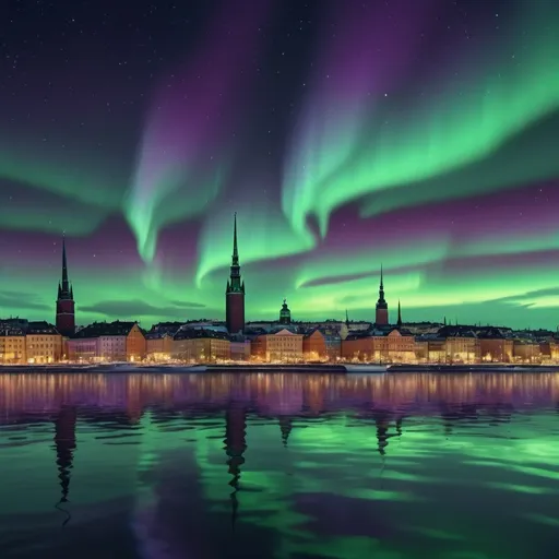 Prompt: (photorealistic) stunning Aurora Borealis, vibrant greens and purples, dancing across the night sky, illuminated skyline of downtown Stockholm, intricate architectural details, shimmering reflections on water, starry backdrop, captivating atmosphere, cool tone ambiance, ultra-detailed, 4K resolution, evoking awe and wonder.