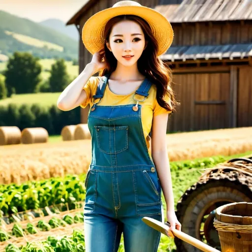Prompt: photorealistic, (Irene) holding a pitchfork, engaged in farm work, sunlit countryside background, vibrant greens and browns, rustic barn in distance, (detail on facial expression), blue overalls, straw hat, golden fields stretching into horizon, natural lighting giving a warm glow, ultra-detailed, capturing the essence of rural life and hard work.