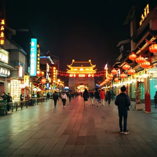 Prompt: photorealistic, vibrant glow of (bright city lights), bustling streets of (Xian, China), juxtaposition of (ancient architecture) and modernity, rich colors reflecting off surface, lively nightlife atmosphere, people enjoying their evening, (4K) resolution, intricate details showcasing the harmony of history and contemporary life, evening ambiance filled with excitement and culture.