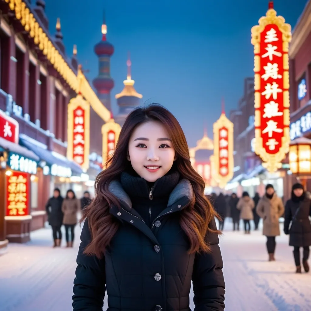 Prompt: A beautiful Chinese woman with a v-shaped face and slender body in Harbin.