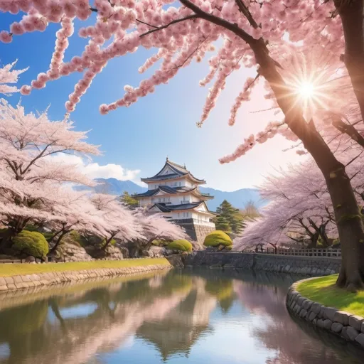 Prompt: (photorealistic), breathtaking (cherry blossom trees), cherry blossoms in full bloom, serene atmosphere, majestic (Japanese castle) in the background, soft pink and white petals falling gently, tranquil scene bathed in warm sunlight, ultra-detailed, high resolution, vibrant colors, reflecting peaceful Japanese culture, harmonious landscape, ideal for nature lovers or cherry blossom enthusiasts, artistic composition.