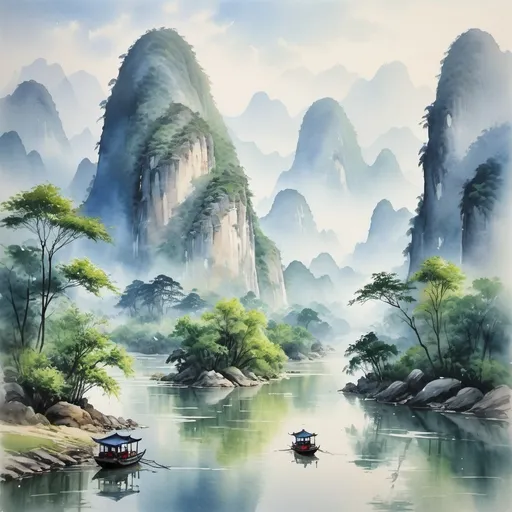 Prompt: (watercolor), breathtaking (Guilin Scenic Area), serene mountains, lush greenery, tranquil river, delicate brush strokes, ethereal mist, harmonious landscape, vibrant yet soft color tones, inviting atmosphere, nature's beauty, intricate details of foliage, picturesque reflections, nature's serenity, stunning Chinese artistry, high-quality masterpiece.