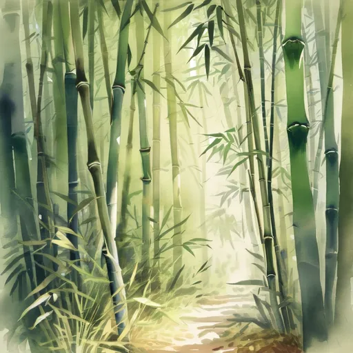 Prompt: watercolor, (Bamboo forest), traditional Chinese painting style, soft and delicate brush strokes, lush green bamboo shoots swaying gently, serene atmosphere, peaceful landscape, light filtering through bamboo leaves, muted colors, gentle sunlight casting dappled shadows, ethereal quality, harmony with nature, ultra-detailed, inviting and tranquil ambiance.