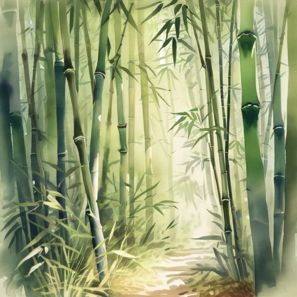 Prompt: watercolor, (Bamboo forest), traditional Chinese painting style, soft and delicate brush strokes, lush green bamboo shoots swaying gently, serene atmosphere, peaceful landscape, light filtering through bamboo leaves, muted colors, gentle sunlight casting dappled shadows, ethereal quality, harmony with nature, ultra-detailed, inviting and tranquil ambiance.