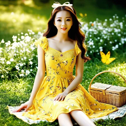 Prompt: In a sun-dappled garden, Irene stands gracefully at the heart of the scene, her radiant smile illuminating the vibrant surroundings. She wears a delicate yellow dress that flutters softly in the warm breeze, complemented by matching yellow sandals that mirror the bright hue of her cheerful Alice headband. Golden sunlight filters through the leaves overhead, casting playful shadows on the ground and highlighting the intricate patterns of her dress. Wildflowers bloom around her, their colors bursting forth in contrast to her outfit, as butterflies flit about in the gentle air. The atmosphere is joyful and inviting, creating a perfect harmony between Irene and her enchanting environment, reminiscent of a joyful summer afternoon captured in stunning photorealism. A picnic basket and blanket is beside her.
