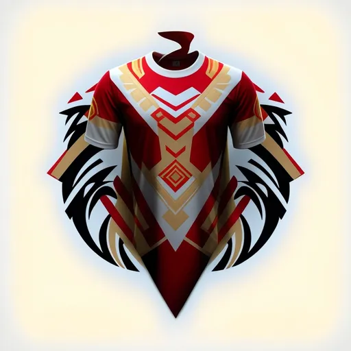 Prompt: Create an intrams t-shirt design with multiple viewing angles - front view and side profile. Studio lighting with advanced shadow play and light ray effects, highlighting the red, white, and gold tribal design.