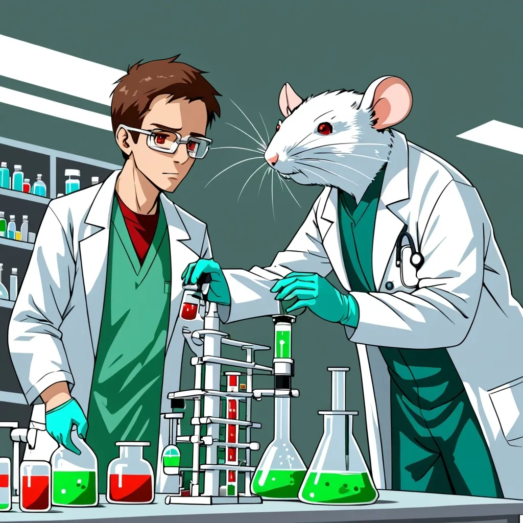 Prompt: White rat with red eyes in a lab coat and green scrubs performing experiments with a scientist.