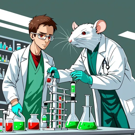 Prompt: White rat with red eyes in a lab coat and green scrubs performing experiments with a scientist.