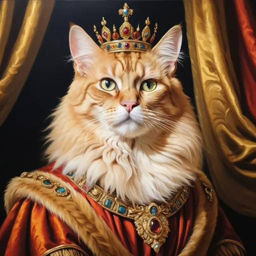 Prompt: Roman emperor cat, oil painting, luxurious golden fur, regal demeanor, intricate royal attire, majestic crown, opulent setting, vibrant colors, dramatic lighting, high quality, detailed fur, historical, opulence, oil painting, royal, regal, luxurious fur, vibrant colors, dramatic lighting
