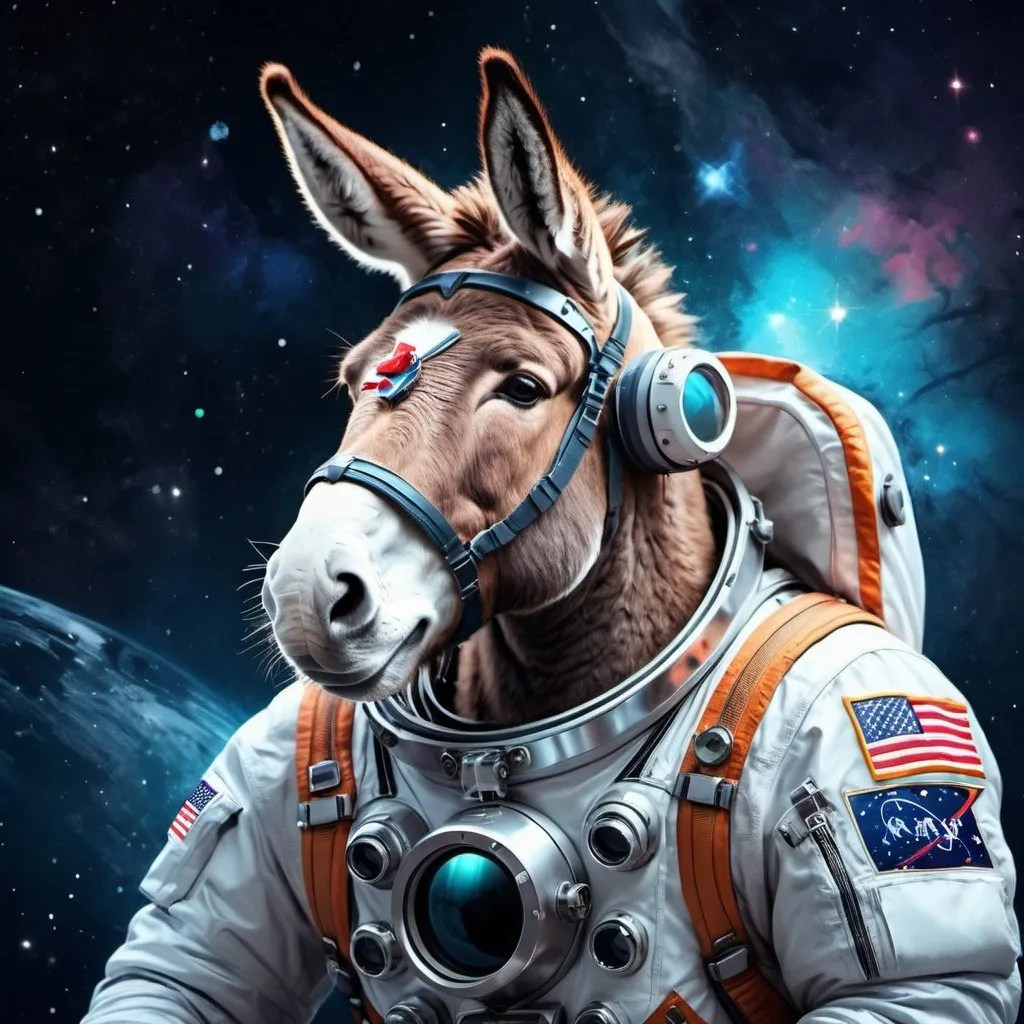 Prompt: Astronaut donkey, space suit, cosmic background, futuristic space exploration, detailed fur with astronaut gear, high-quality, digital painting, cosmic theme, cool tones, atmospheric lighting