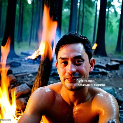 Prompt: handsome 27 yrs old ranger sitting in front of camp, boiling water on camp fire, drenched in sweat, smiling dimple, bare-chest, visible sweat drops, 6 pack abs (short deep-blue-highlights hair, messed up hair), hazel eyes, broad shoulders, defined calves, sharp jawline, defined cheekbones. trees, night time on the background 