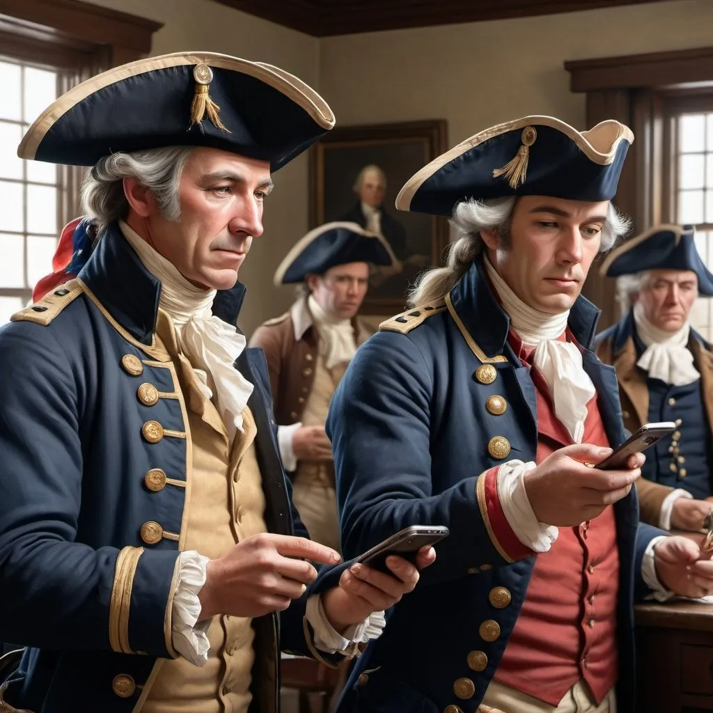 Prompt: Exact match to Archibald Willard's "Spirit of '76", people checking iPhones, historical, oil painting, 4k, ultra-detailed, realistic, traditional style, patriotic, vintage, detailed facial features, American Revolution, colonial costumes, indoor setting, warm tones, natural lighting, historical accuracy