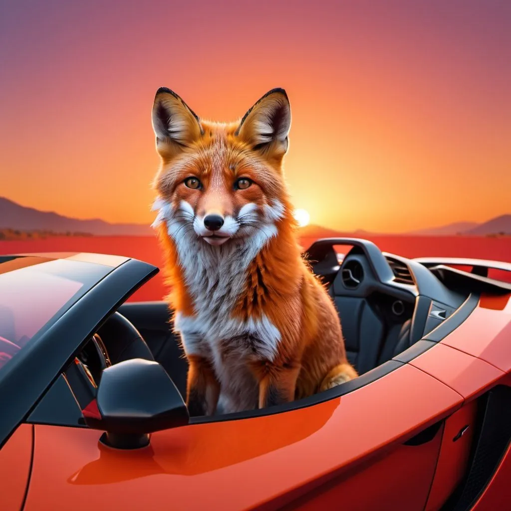 Prompt: Make a fox sitting, hyper realistic, hyper detailed, sitting in a red lamborghini car, sunset sky is orange sky, 4k, UHG