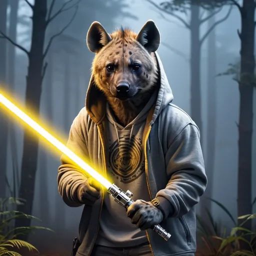 Prompt: Anthapamorphic hyena, standing in a battle stance, primary weapon is holding a gold lightsaber, wearing a grey hoodie, hyper realistic, hyper detailed, night, foggy forest background, 4k, UGH