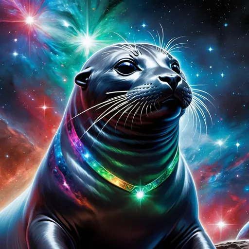 Prompt: Intimidating seal god made of cosmic energy, white blue black red and green, Galaxy, Magic: The Gathering Art-style, hyper realistic, hyper detailed 