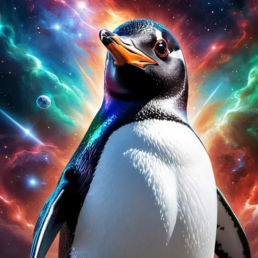 Prompt: Intimidating Penguin God made of cosmic energy, white blue black red and green, Galaxy, Magic: The Gathering Art-style, hyper realistic, hyper detailed 