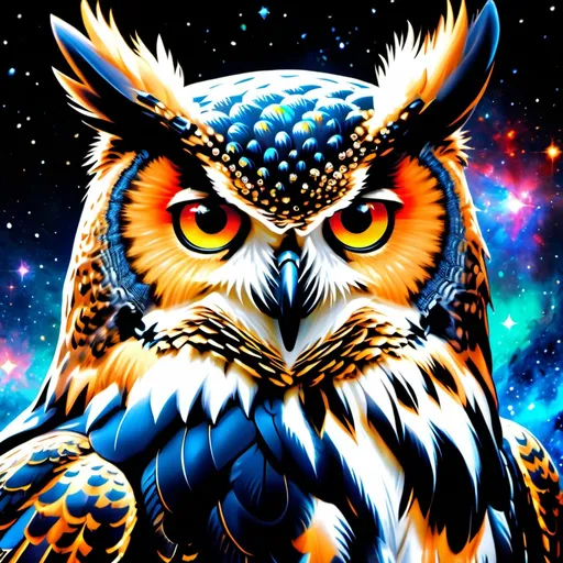 Prompt: Intimidating great horned owl god made of cosmic energy, armor with a few glowing powerful gems, white blue black red and green, Galaxy, Magic: The Gathering Art-style, hyper realistic, hyper detailed 