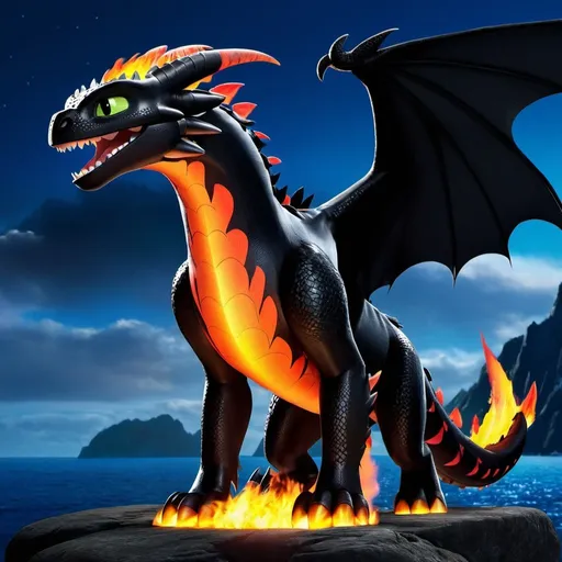 Prompt: Make hookfang from how to train your dragon, on fire, intimidating, hyper realistic, hyper detailed, standing on a rock, glowing with fire, night sky, 