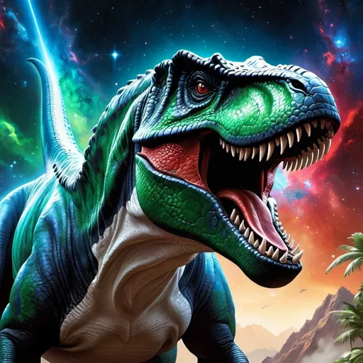 Prompt: Intimidating tyrannosaurus rex god made of cosmic energy, white blue black red and green, Galaxy, Magic: The Gathering Art-style, hyper realistic, hyper detailed 