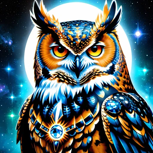 Prompt: Intimidating great horned owl god made of cosmic energy, armor with a few glowing powerful gems, white blue black red and green, Galaxy, Magic: The Gathering Art-style, hyper realistic, hyper detailed 