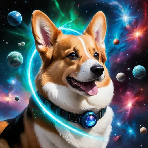 Prompt: Intimidating corgi god made of cosmic energy, white blue black red and green, Galaxy, Magic: The Gathering Art-style, hyper realistic, hyper detailed 