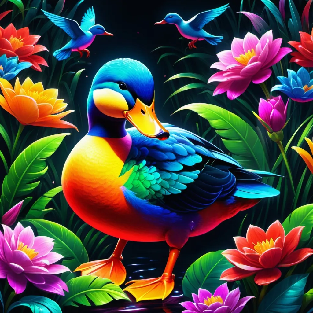 Prompt: Make a neon duck, colorful forest, neon duck is bright and glowing, beautiful flowers, hyper realistic, hyper detailed, painting, masterpiece, wallpaper, more flowers, some humming birds, some red parrots, colorful