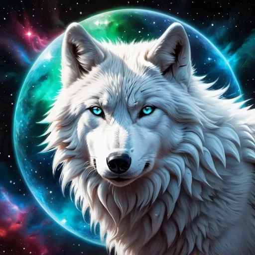 Prompt: Intimidating arctic wolf god made of cosmic energy, white blue black red and green, Galaxy, Magic: moon, The Gathering Art-style, hyper realistic, hyper detailed 