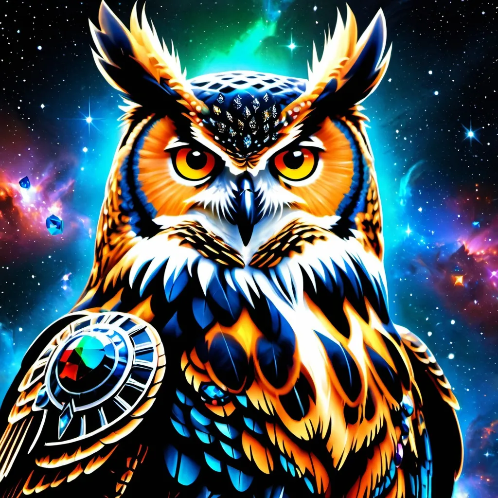 Prompt: Intimidating great horned owl god made of cosmic energy, armor with a few glowing powerful gems, white blue black red and green, Galaxy, Magic: The Gathering Art-style, hyper realistic, hyper detailed 