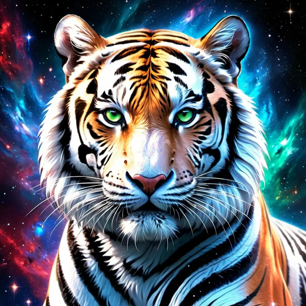 Prompt: Intimidating tiger god made of cosmic energy, white blue black red and green, Galaxy, Magic: The Gathering Art-style, hyper realistic, hyper detailed 