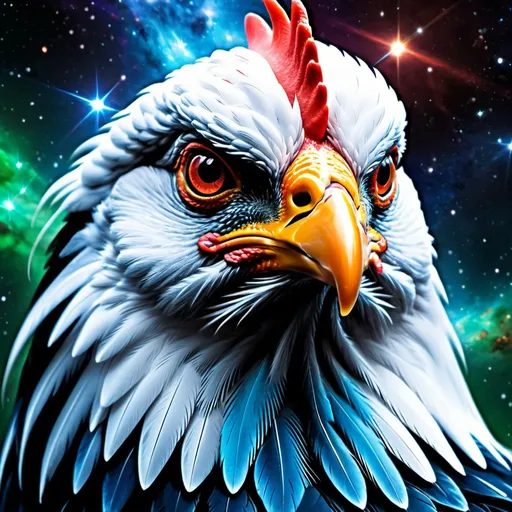 Prompt: Intimidating chicken god made of cosmic energy, white blue black red and green, Galaxy, Magic: The Gathering Art-style, hyper realistic, hyper detailed 
