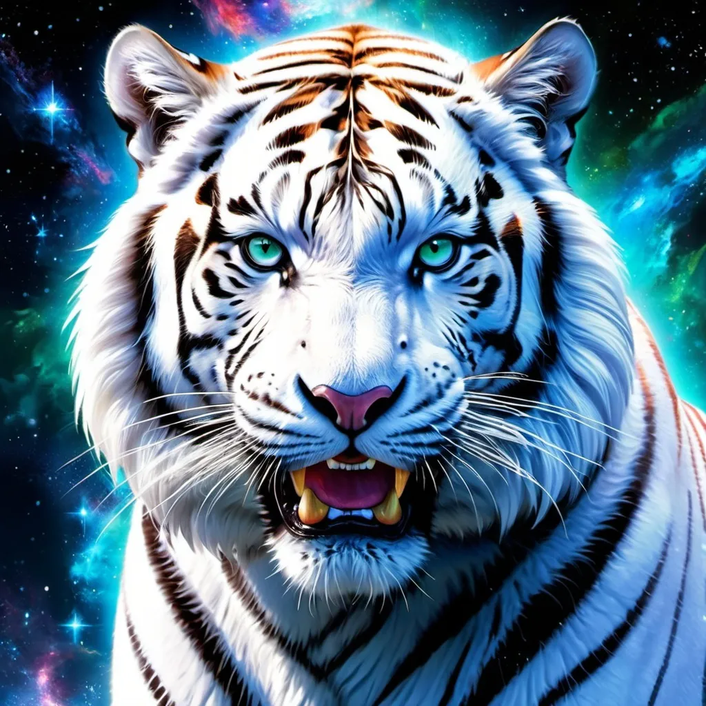 Prompt: Intimidating white Siberian tiger god made of cosmic energy, white blue black red and green, Galaxy, Magic: The Gathering Art-style, hyper realistic, hyper detailed 