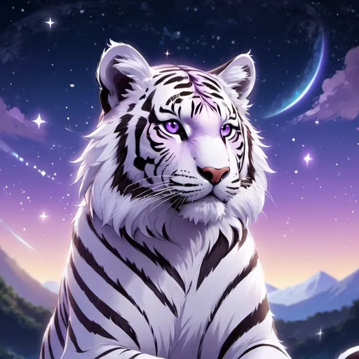 Prompt: character concept art | cute | male | anthropomorphic | fluffy | tiger | furry | fine face| purple eyes | pretty face | key visual | fine details | starry sky | watching stars