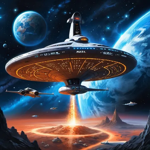 Prompt: Make outer space with a planet, the planet is bright neon orange and mysterious, painting, blue stars, Saturn rings around it, hyper realistic, hyper detailed, perfect, wallpaper, dark space, masterpiece,  MilkyWay background, add the enterprise ship from Star Trek, the enterprise is realistic and detailed 