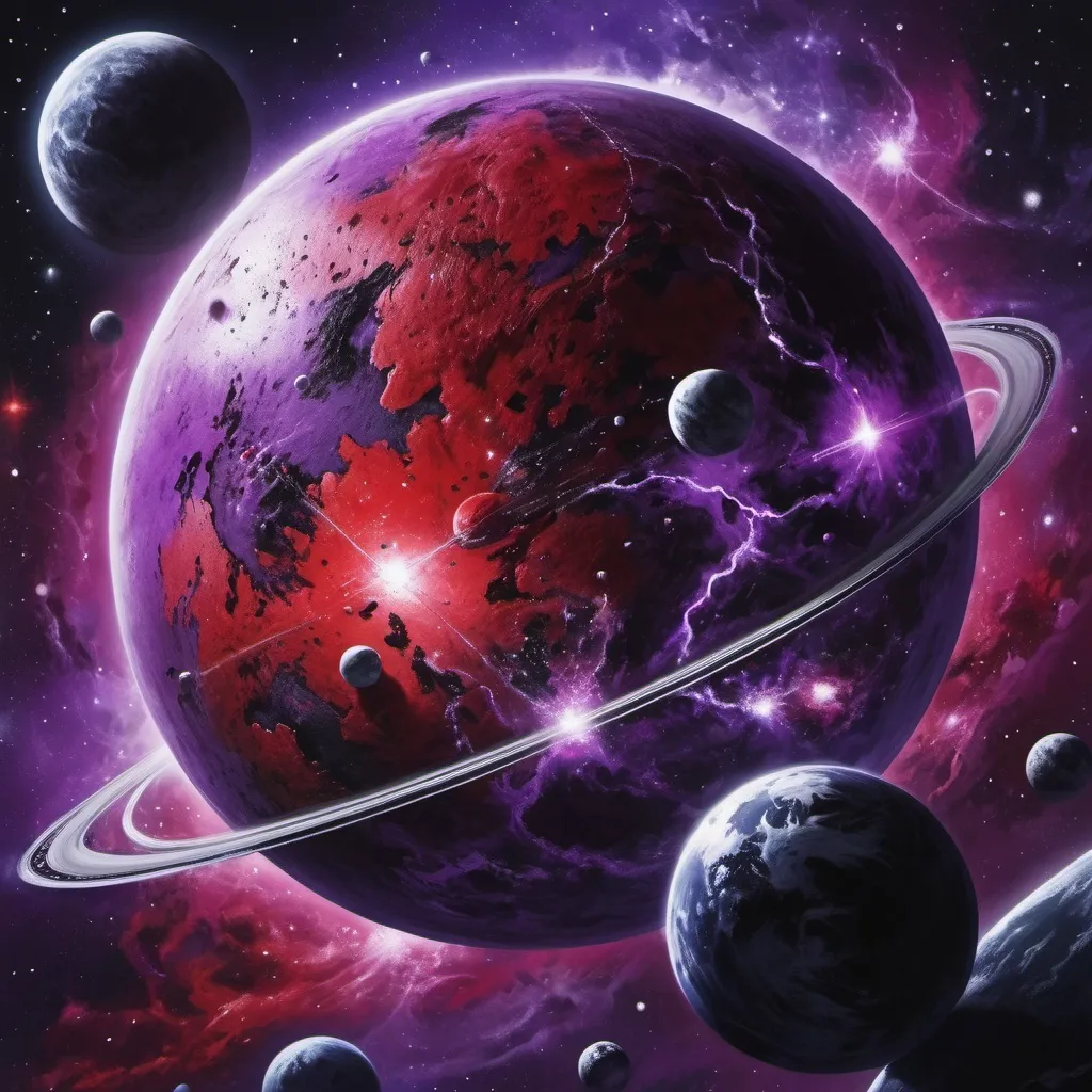 Prompt: Make outer space with a planet, the planet is purple and with some mysterious black and white on it as well, painting, red stars, Saturn rings around it, hyper realistic, hyper detailed, perfect, wallpaper, dark space, masterpiece, 