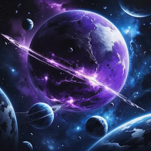 Prompt: Make outer space with a planet, the planet is purple and with some mysterious black and white on it as well, painting, blue stars, Saturn rings around it, hyper realistic, hyper detailed, perfect, wallpaper, dark space, masterpiece, 