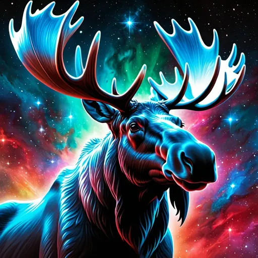 Prompt: Intimidating moose god made of cosmic energy, white blue black red and green, Galaxy, more background, Magic: The Gathering Art-style, hyper realistic, hyper detailed, more background