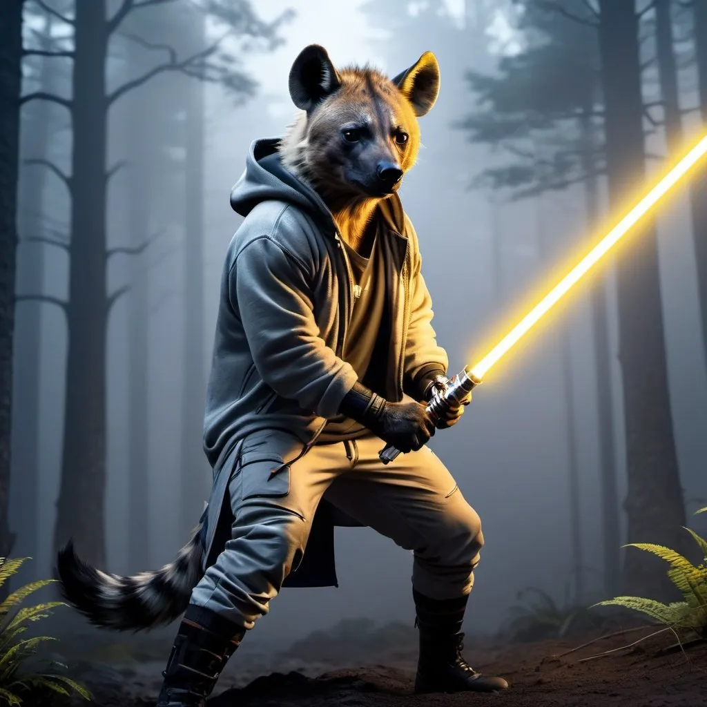 Prompt: Anthapamorphic hyena, standing in a battle stance, primary weapon is holding a gold lightsaber, wearing a grey hoodie, hyper realistic, hyper detailed, night, foggy forest background, 4k, UGH