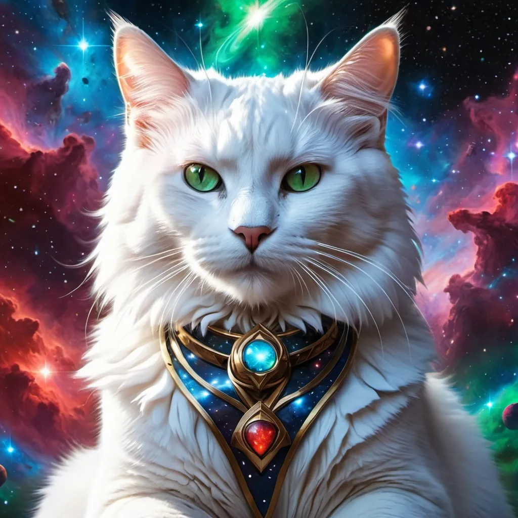 Prompt: Intimidating cat god made of cosmic energy, white blue black red and green, Galaxy, Magic: The Gathering Art-style, hyper realistic, hyper detailed 