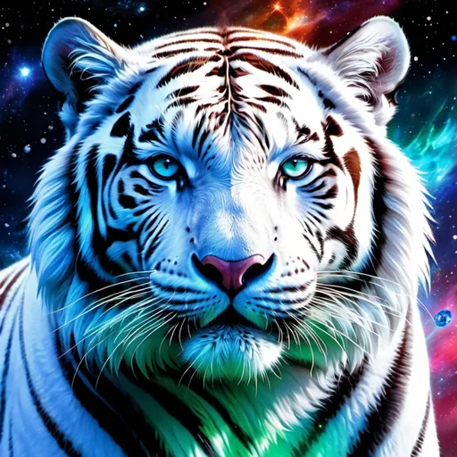 Prompt: Intimidating white Siberian tiger god made of cosmic energy, white blue black red and green, Galaxy, Magic: The Gathering Art-style, hyper realistic, hyper detailed 