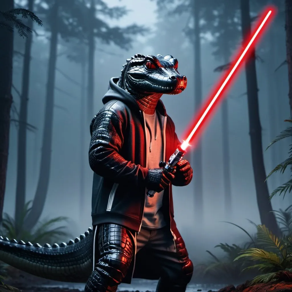 Prompt: Anthapamorphic black alligator, standing in a battle stance, primary weapon is holding a red lightsaber, wearing a grey hoodie, hyper realistic, hyper detailed, night, foggy forest background, 4k, UGH