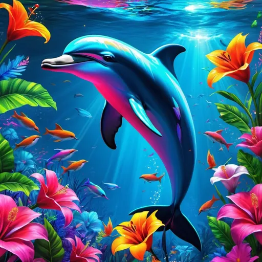 Prompt: Make a neon dolphin, colorful forest, neon dolphin is bright and glowing, beautiful flowers, hyper realistic, hyper detailed, painting, masterpiece, wallpaper, more flowers, some humming birds, some red parrots, colorful