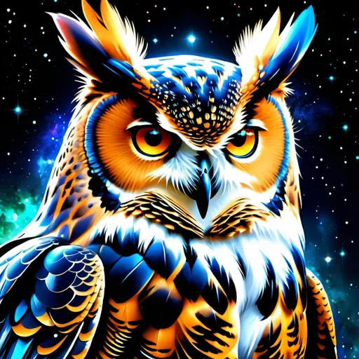 Prompt: Intimidating great horned owl god made of cosmic energy, armor with a few glowing powerful gems, white blue black red and green, Galaxy, Magic: The Gathering Art-style, hyper realistic, hyper detailed 