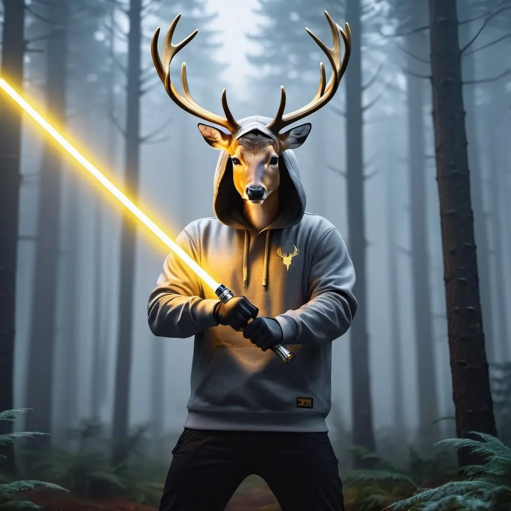 Prompt: Anthapamorphic deer, standing in a battle stance, primary weapon is holding a gold lightsaber, wearing a grey hoodie, hyper realistic, hyper detailed, night, foggy forest background, 4k, UGH
