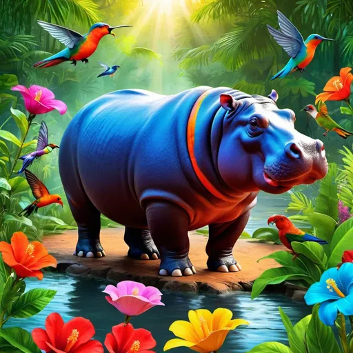 Prompt: Make a hippopotamus, colorful forest, hippopotamus is bright and glowing, beautiful flowers, hyper realistic, hyper detailed, painting, masterpiece, wallpaper, more flowers, some humming birds, some red parrots, colorful